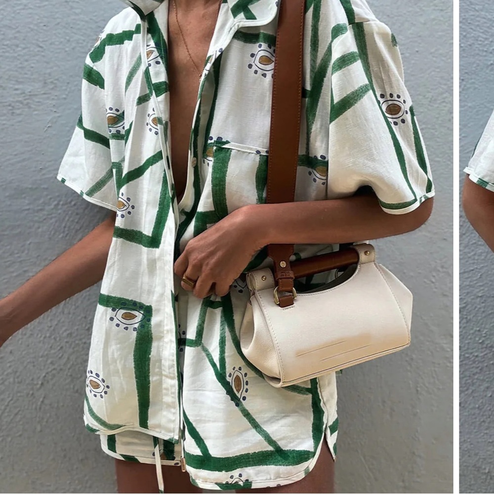Commense White & Green Printed Short Set
